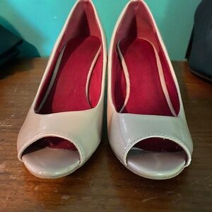 Size 6. Beige, open toe wedge heels